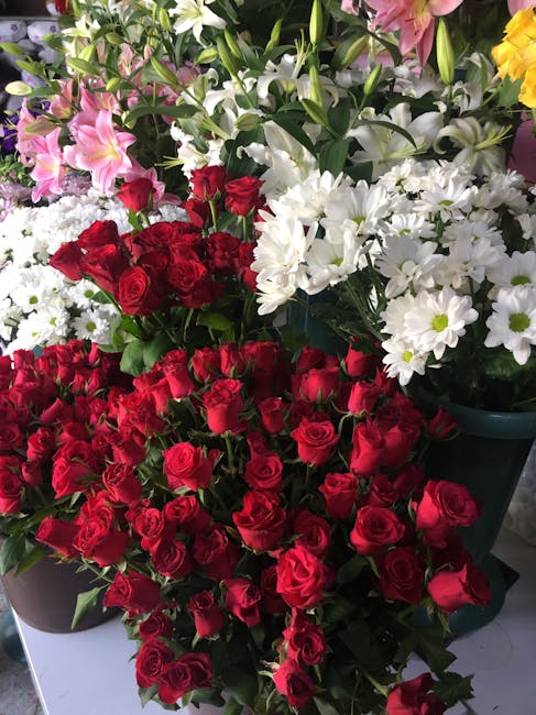 A vibrant display of fresh flowers arranged in multiple bouquets and pots. The foreground features a large bouquet of deep red roses with lush green stems and leaves, arranged densely and showcasing v