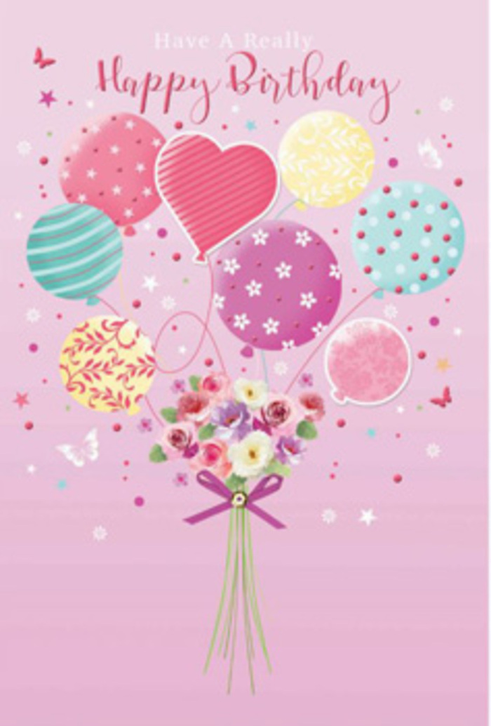 Whimsical birthday balloon and flower artwork, described as if by an experienced Tolworth florist. The illustration is set against a soft pink canvas, a hue that brings to mind quiet, early-morning skies over Tolworth Broadway before the shops open. At the centre, an airy cluster of pastel balloons lifts upwards, as though caught in a gentle breeze. Each balloon is painted in a palette of blush pink, sea green, lemon yellow, lavender, and sky blue, with patterns ranging from swirling ribbons and dainty floral prints to bouncy polka dots, all contributing to a sense of playful celebration. The balloons appear glossy, catching glints of light that curve along their surfaces. Tethered to this floating festivity is a petite bouquet at the bottom of the design, composed of small roses and daisy-like blossoms. Their petals are shaded delicately from cream through blush to a deeper rose, suggesting velvety texture and a soft, sweet fragrance like freshly arranged stems in a Tolworth florist's chilled display. A sparkling purple satin bow gathers the stems securely, its sheen mirroring the light on the balloons and giving a sense of careful craftsmanship. Scattered around are tiny illustrated stars and fluttering butterflies, lending a magical, daydream quality, as if the entire arrangement were drifting above the nearby residential streets just off Ewell Road. The piece feels both polished and warm, much like a hand-chosen birthday card tucked beside a bouquet delivered by Florist Tolworth. Every detail-from colour to ribbon-conveys joy, affection, and the quiet luxury of feeling remembered on a special day.