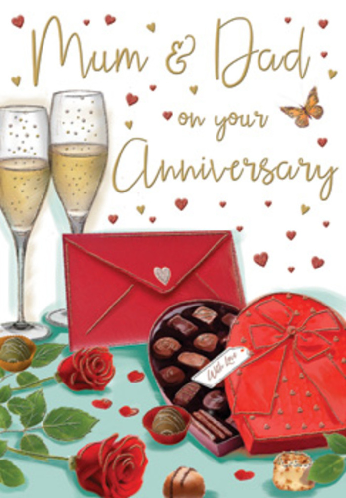 This anniversary card design presents a richly painted tableau that feels as if it could be set on a polished table in a Tolworth sitting room, ready to surprise a devoted couple. Central to the illustration are two tall champagne flutes, their slender forms leaning subtly toward one another, each brimming with luminous, pale gold champagne. Tiny effervescent bubbles rise through the liquid, catching soft highlights that give the sense of movement and anticipation, as though a toast to years of shared memories is moments away. To the side, two deep red roses rest against a cushion of dark, glossy foliage, the petals densely layered, edged with gentle highlights that suggest fullness and velvety texture, like roses freshly arranged by an experienced Tolworth florist. Their rich ruby tones harmonise beautifully with the other celebratory details. In front of them sits an open heart-shaped chocolate box, its interior neatly lined with rows of chocolates, each piece nestled in a small cup, some round, some slightly squared, their surfaces shining as if hinting at soft centres and indulgent flavours. A generously tied red ribbon loops across the lid, the bow's curves mirroring the organic shapes of petals and hearts throughout the design. Sprinkled above and around the main arrangement, tiny hearts in crimson and muted gold float across a light, delicately textured background, embracing a hand-lettered dedication to "Mum & Dad" written in warm, flowing script. Beside the chocolates, a vivid scarlet envelope rests at a slight angle, firmly sealed and suggesting the presence of heartfelt words, perhaps penned at a kitchen table just off Tolworth Broadway or near the quiet streets by Alexandra Park. The whole composition glows with a gentle, amber warmth, reminiscent of early evening light that softens edges and deepens colours. As someone who designs anniversary bouquets and gift pairings for local families, I see in this card the familiar language of love in Tolworth: roses that speak of romance, champagne that celebrates milestones, chocolates that invite sharing, and a card that holds the story of a life lived together.
