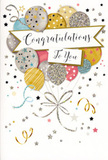 This image features an elegant congratulations card whose design radiates a sense of celebration and heartfelt pride, ideal for marking special moments in Tolworth. A lush arrangement of illustrated balloons rises from near the bottom edge, gathered closely together to form a rounded, buoyant cluster. The colours are soft yet vibrant-metallic gold, shimmering silver, creamy champagne, airy sky blue, gentle blush pink, and muted grey-each balloon reflecting a slightly different tone, as though catching light from various angles. Fine details bring the balloons to life: some are sprinkled with star patterns, others are wrapped in slender stripes or touched with accents of glitter, suggesting different textures and finishes that invite the fingertips. Slim ribbons in gold and silver trail down from the base, arching and curling in relaxed loops reminiscent of curling ribbon tied around a bouquet from Florist Tolworth. Across the centre, a graceful banner seems to float among the balloons, bearing the message "Congratulations To You" in flowing, elegant cursive that feels warm, sincere, and just a little bit glamorous. The background remains quietly luminous, scattered with tiny metallic stars, doodled swirls, and flecks of confetti that drift around the main design, hinting at the energy of a party on Tolworth Broadway or in a nearby home. The overall impression is of lightness, joy, and polished celebration-exactly the kind of card you might slip alongside fresh flowers for someone who has achieved something significant, whether that's passing important exams, securing a new position, or reaching a cherished personal goal.